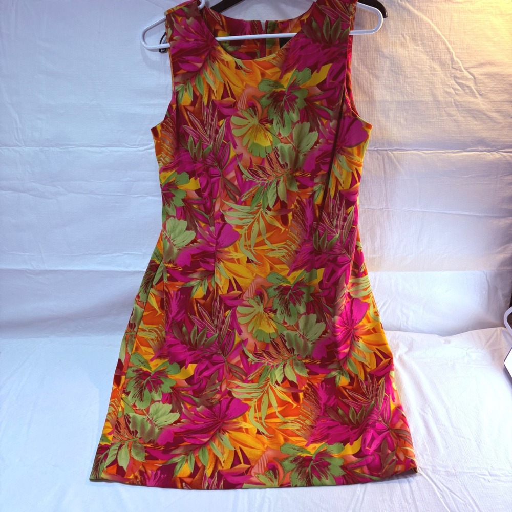 John Roberts Womens Tropical Floral Shift Dress Pink Orange Green Sleeveless 12